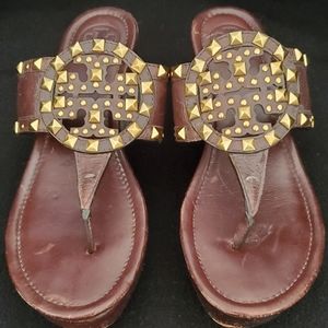 Tory Burch Marissa brown leather studded wedge 8